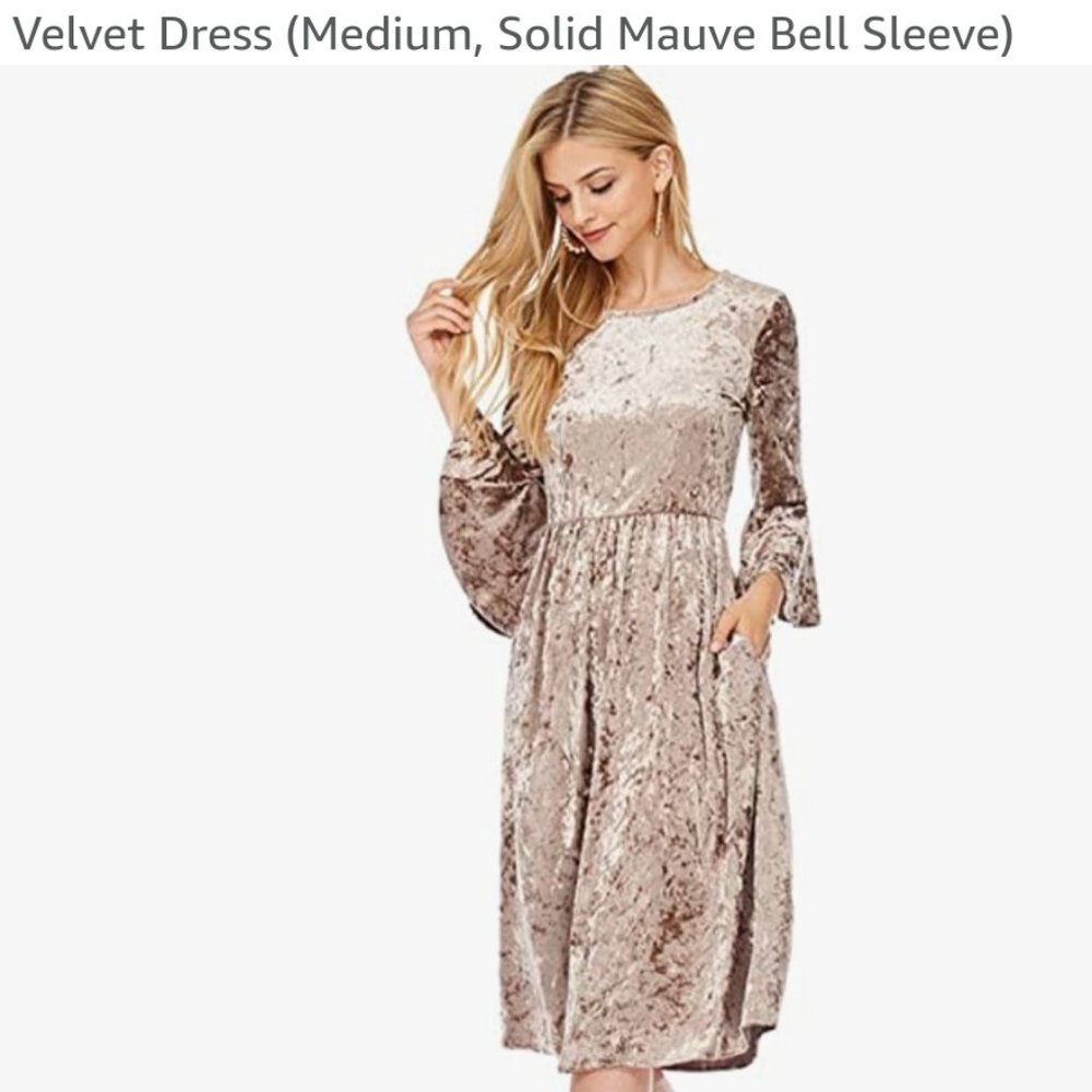 NeeSee's Velvet Dress, Long Bell Sleeve, Size Medium, Champagne Color